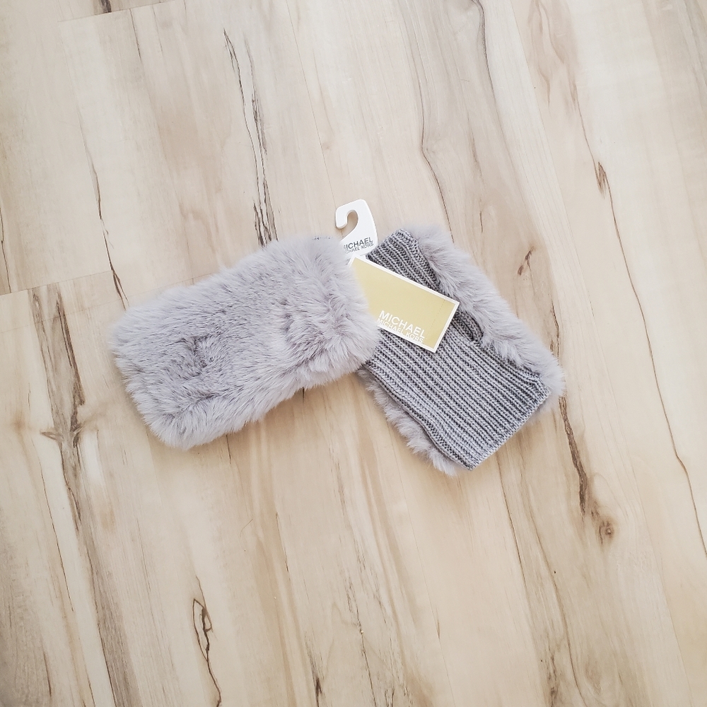 Michael Kors MK Faux Fur Fingerless Hand Warmer Gloves - Grey / Gray